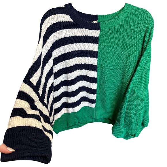 JS71 Colorblock Striped Sweater Knitted Crewneck Navy Blue Green Size M / L - Picture 1 of 10